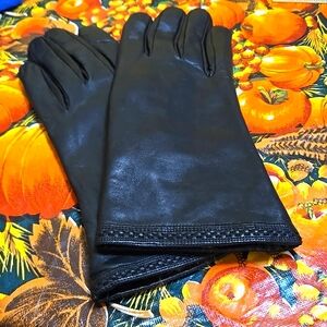 GORGEOUS BUTTERY SOFT BLACK LEATHER WOMAN GLOVES W RABBIT FUR LINING BAG 29